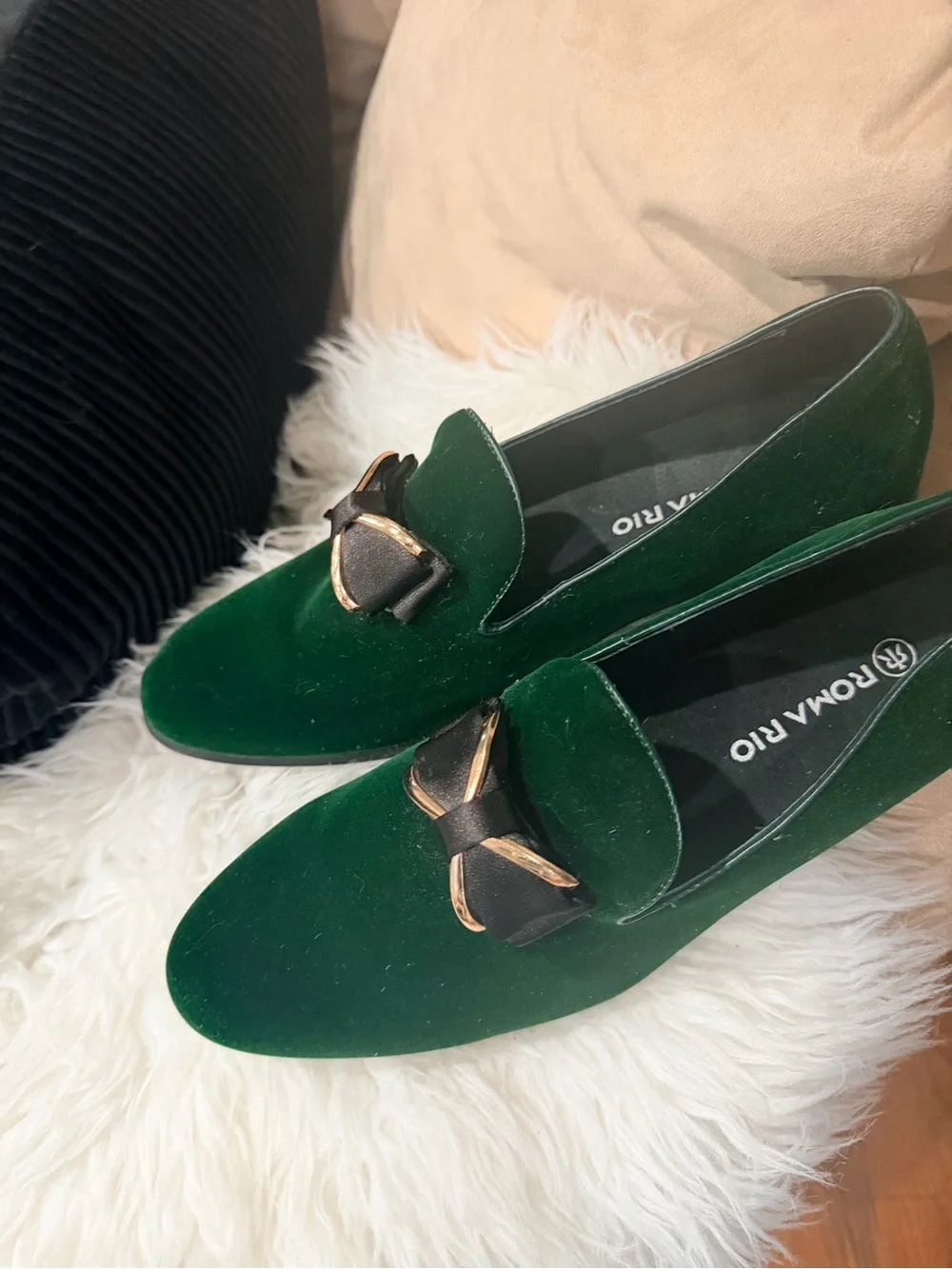 Green Velvet Bow Loafers for Women